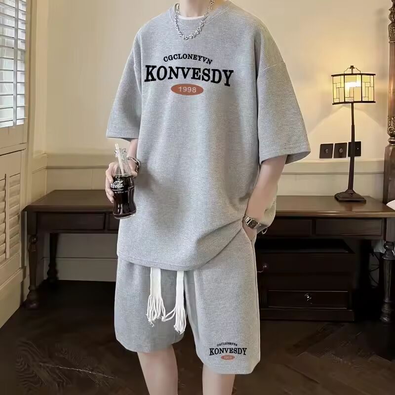 Korean Fashion Waffle Men's Set Summer Short Sleeve Top Shorts Men Suits Sportswear Trendy Tracksuit 2-piece Set Print Outfits