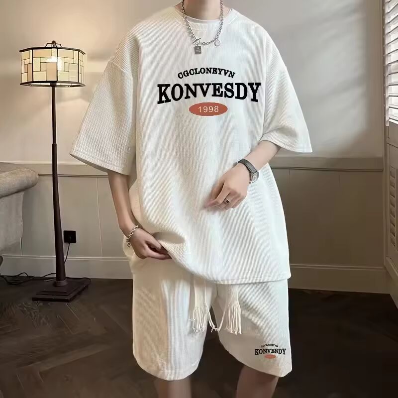 Korean Fashion Waffle Men's Set Summer Short Sleeve Top Shorts Men Suits Sportswear Trendy Tracksuit 2-piece Set Print Outfits