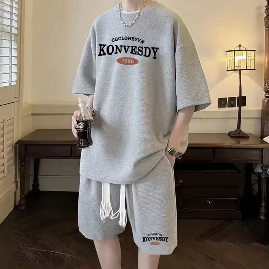 Korean Fashion Waffle Men's Set Summer Short Sleeve Top Shorts Men Suits Sportswear Trendy Tracksuit 2-piece Set Print Outfits